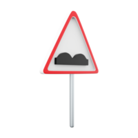 3d framställa väg tecken varning ojämn väg. i röd triangel bild av dålig omslag med gropar. 3d tolkning väg tecken varning ojämn väg tecknad serie ikon. png