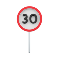 3d render 30 kilometers or miles per hour max speed limit red sign - Thirty speed limit traffic sign editable  illustration. 3d rendering Thirty speed limit traffic sign cartoon icon. png