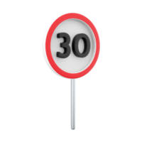 3d render 30 kilometers or miles per hour max speed limit red sign - Thirty speed limit traffic sign editable  illustration. 3d rendering Thirty speed limit traffic sign cartoon icon. png