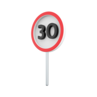 3d render 30 kilometers or miles per hour max speed limit red sign - Thirty speed limit traffic sign editable  illustration. 3d rendering Thirty speed limit traffic sign cartoon icon. png