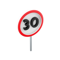 3d render 30 kilometers or miles per hour max speed limit red sign - Thirty speed limit traffic sign editable  illustration. 3d rendering Thirty speed limit traffic sign cartoon icon. png