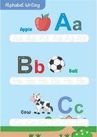 Learning and tracing alphabets with cute animals like apple, airplane, bee, ball, cat, cow, duck, doll, elephant, egg vector