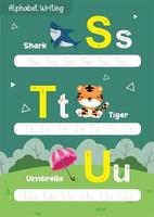 Learning and tracing alphabets with cute animals like apple, airplane, bee, ball, cat, cow, duck, doll, elephant, egg vector