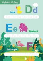 Learning and tracing alphabets with cute animals like apple, airplane, bee, ball, cat, cow, duck, doll, elephant, egg vector