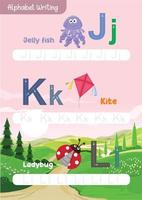 Learning and tracing alphabets with cute animals like apple, airplane, bee, ball, cat, cow, duck, doll, elephant, egg vector