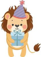 Happy birthday lion with hat holding a gift box vector