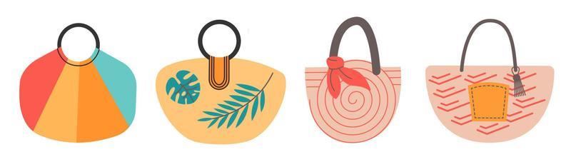 Doodle carton illustration. Cartoon summer elements, summertime accessory. Vector set of beach bags.