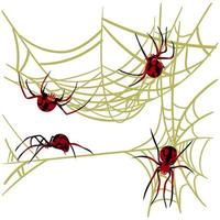 Spider web background for Halloween greeting cards on a white background. A black and red spider on a yellow cobweb hunts and weaves nets. Spiders from different sides. Dangerous spider and cobweb vector