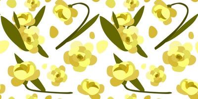 Spring pattern of yellow flowers on stems. Background of vector images of realistic rose petals, flowers, branches, leaves. Printing on textiles and paper. Gift wrapping for Mother's Day, birthday.