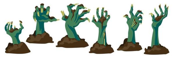 A set of zombie arms sticking out of the ground. Various damaged and dried human limbs appear on flat vector illustrations isolated on white. Hands from the graves. Print for Halloween Party