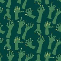 A pattern of dead man's hands, zombie hands trying to grab each other. Attacking green hands. It is well suited for Halloween-style decoration of paper and textile products. Scary hands on a green vector