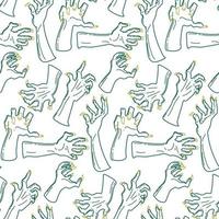 A pattern from the outline of a dead man's hands, zombie hands trying to grab each other. Attacking green hands. It is well suited for Halloween-style decoration of paper and textile products vector