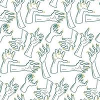 A pattern from the outline of a dead man's hands, zombie hands trying to grab each other. Attacking green hands. It is well suited for Halloween-style decoration of paper and textile products vector