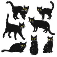 A set of black cats in different poses for Halloween. Cats in a simple black style with stripes under retro light highlights. A collection of elements with different emotions in a cat vector