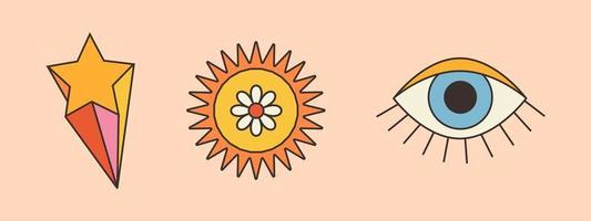 tendencias elementos en estilo de años 70 Tres dimensional estrella, sol, ojo. emblema, icono, logo para aplicaciones, web diseño. retro carteles hippie estético. y2k Clásico vector ilustración