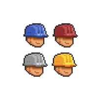 worker head with different hat color in pixel art style vector