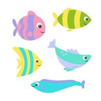 Vector set of sea fish cartoon illustration on white background. Colorful flat simple aquarium fish icon