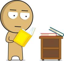 dibujos animados personaje leyendo un libro en frente de un escritorio. vector