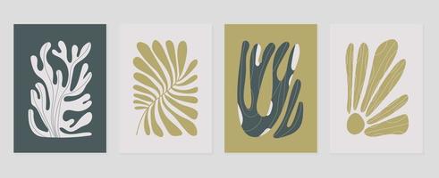 conjunto de resumen cubrir antecedentes inspirado por Matisse. plantas, hoja rama, coral, flor en mano dibujado estilo. contemporáneo estético ilustrado diseño para pared arte, decoración, imprimir, fondo de pantalla. vector