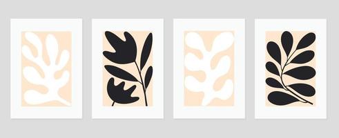 conjunto de resumen cubrir antecedentes inspirado por Matisse. plantas, hoja rama, coral, monocromo, negro y blanco. contemporáneo estético ilustrado diseño para pared arte, decoración, fondo de pantalla, impresión. vector