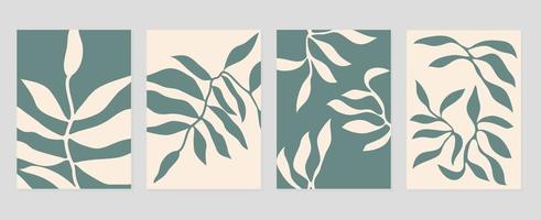 conjunto de resumen cubrir antecedentes inspirado por Matisse. plantas, hoja, rama verde modelo en mano dibujado estilo. contemporáneo estético ilustrado diseño para pared arte, decoración, fondo de pantalla, impresión. vector