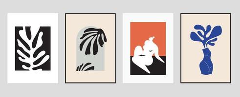 conjunto de resumen cubrir antecedentes inspirado por Matisse. desnudo hembra cuerpo, postura, coral, flor, florero. contemporáneo estético ilustrado diseño para pared arte, decoración, imprimir, fondo de pantalla. vector