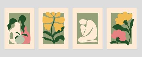 conjunto de resumen cubrir antecedentes inspirado por Matisse. plantas, hoja, flor, desnudo hembra cuerpo, postura, florero. contemporáneo estético ilustrado diseño para pared arte, decoración, fondo de pantalla, impresión. vector