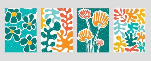 conjunto de resumen cubrir antecedentes inspirado por Matisse. plantas, flor, rama, coral vistoso en mano dibujado estilo. contemporáneo estético ilustrado diseño para pared arte, decoración, fondo de pantalla, impresión. vector