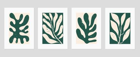 conjunto de resumen cubrir antecedentes inspirado por Matisse. plantas, hoja rama, coral, grunge textura en mano dibujado estilo. contemporáneo estético ilustrado diseño para pared arte, decoración, fondo de pantalla. vector