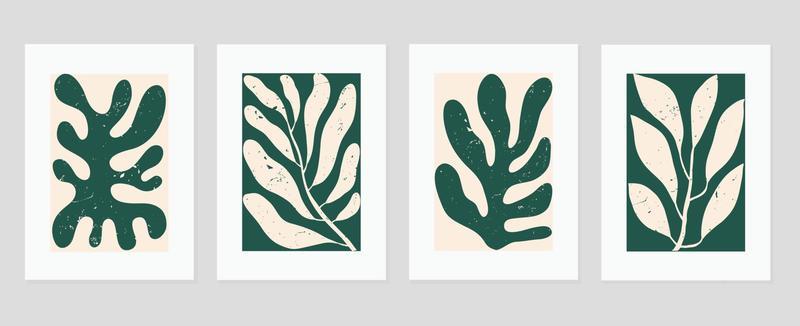 Set of abstract cover background inspired by matisse. Plants, leaf branch, coral, grunge texture in hand drawn style. Contemporary aesthetic illustrated design for wall art, decoration, wallpaper.