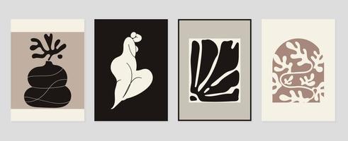 Set of abstract cover background inspired by matisse. Nude female body, posture, coral, flower, vase, monochrome. Contemporary aesthetic illustrated design for wall art, decoration, print, wallpaper. vector