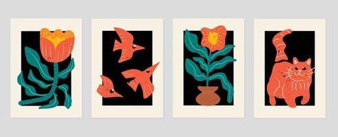Set of abstract cover background inspired by matisse. Plants, leaf branch, cat, bird, vase, grunge texture. Contemporary aesthetic illustrated design for wall art, decoration, print, wallpaper. vector