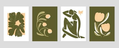 Set of abstract cover background inspired by matisse. Plants, branch, flower, nude female body, grunge texture. Contemporary aesthetic illustrated design for wall art, decoration, print, wallpaper. vector