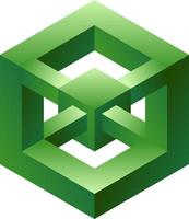 3d optical illusion of impossible shape. 3d cube of blocks. Vector illustration of green cube logo. 3d illusion of geometric for logo, design or art. Perspective illusion shape illustration