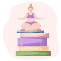 Illustration with  plus size girl doing yoga in lotus position siting on books. Meditation, relaxation, balance concept for banner, website design or landing web page. Vector illustration