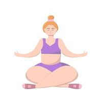 Happy plus size girl doing yoga in lotus position. Relax meditation. Body positivity theme. Self time concept illustration vector