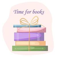 Cozy time for reading books. Horizontal stack of colored books tied with a bow. Concept of learning. Book fair, reading club, world book day concept. Vector illustration