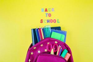 Back to school concept. Red backpack with different stationery on yellow background. Top view photo