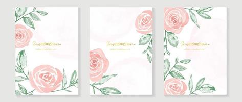 Luxury wedding invitation card background vector. Elegant watercolor texture in plants, pink flower, leaf, rose. Spring floral design illustration for wedding and vip cover template, banner, invite. vector