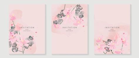 Luxury wedding invitation card background vector. Elegant watercolor texture in plants, pink flower, leaf. Spring floral design illustration for wedding and vip cover template, banner, invite. vector