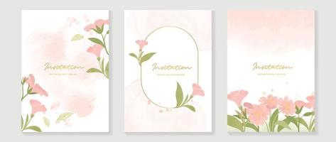 Luxury wedding invitation card background vector. Elegant watercolor texture in pink flower, leaf, gold border. Spring floral design illustration for wedding and vip cover template, banner, invite. vector