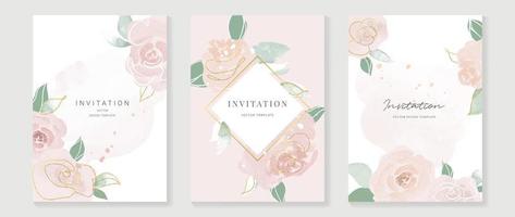 Luxury wedding invitation card background vector. Elegant watercolor texture in rose, gold line, gold border. Spring floral design illustration for wedding and vip cover template, banner, invite. vector