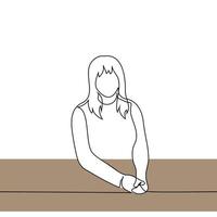 woman sits at the table with her palms together and looks at the viewer - one line drawing vector. concept student vector