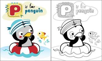 colorante libro o página de pingüino dibujos animados en marinero gorra en boya salvavidas con pequeño pescado vector