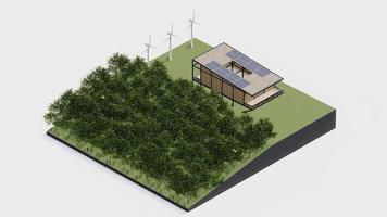 eco hus isometrisk natur hållbar. grön isometrisk Hem miljö sol- cell skog med väderkvarn ekologi , 3d framställa animation. isometrisk arkitektur med träd, gräs blad, på isolerat. video