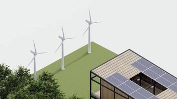 eco house isometric nature sustainable. green isometric home environment solar cell forest with windmill ecology , 3d render animation. isometric architecture with tree, grass leaf, on isolated. video