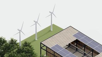 eco house isometric nature sustainable. green isometric home environment solar cell forest with windmill ecology , 3d render animation. isometric architecture with tree, grass leaf, on isolated. video