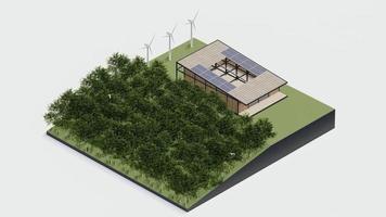 eco huis isometrische natuur duurzaam. groen isometrische huis milieu zonne- cel Woud met windmolen ecologie , 3d geven animatie. isometrische architectuur met boom, gras blad, Aan geïsoleerd. video