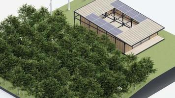 Öko Haus isometrisch Natur nachhaltig. Grün isometrisch Zuhause Umgebung Solar- Zelle Wald mit Windmühle Ökologie , 3d machen Animation. isometrisch die Architektur mit Baum, Gras Blatt, auf isoliert. video