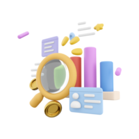 3d rendering marketing research with chart and a magnifying glass icon. 3d render magnifying glass documents chart icon. Marketing research with chart and a magnifying glass. png